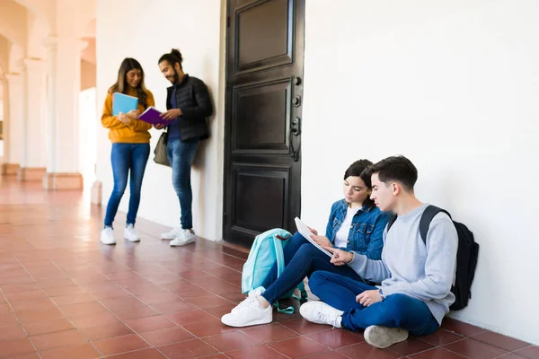 Admission Exam Smart College Students Studying While Waiting Next Class — Fotografia de Stock