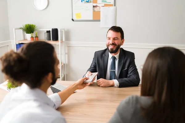 Happy Accountant Returns Money Taxes His Clients Financial Agent Giving — Stockfoto