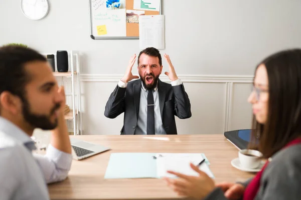 Stop Fighting Angry Lawyer Screaming Couple Getting Divorce His Office — Fotografie, imagine de stoc