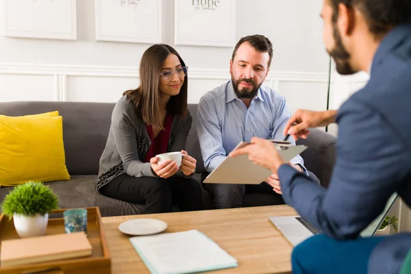 Making Business Deal Attractive Couple Signing Agreement Contract Financial Advisor — Fotografia de Stock