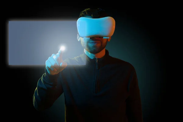 High Tech Young Man Virtual Reality Glasses Touching Hologram Screen — Stockfoto