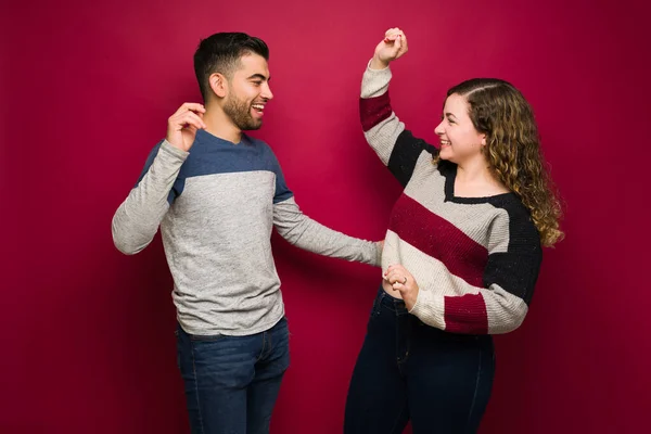 Excited Couple Having Fun While Listening Music Dancing Happy Boyfriend — Fotografia de Stock