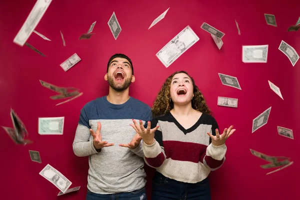 Raining Money Excited Young Man Woman Lot Cash Feeling Very — Stockfoto