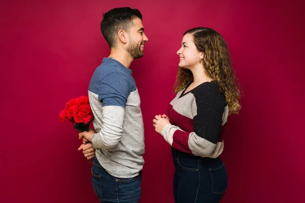Have Surprise You Side View Romantic Latin Man Giving Red — Fotografia de Stock