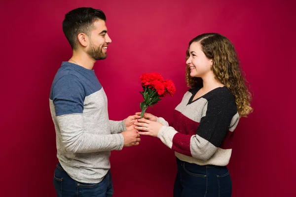 Happy Valentine Day Romantic Couple Love Celebrating Passionate Relationship Red — Stok fotoğraf