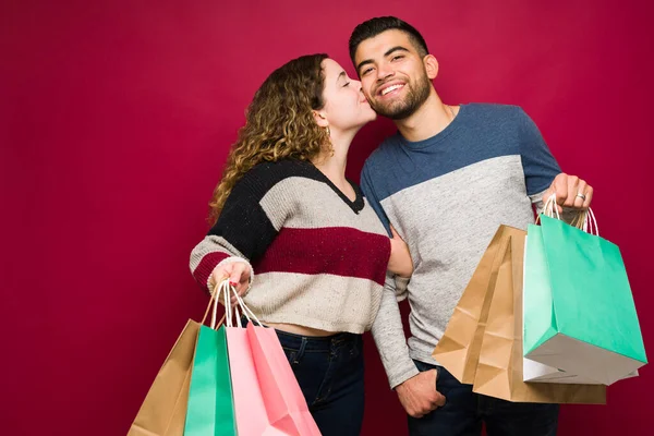 Thank You Presents Cheerful Couple Going Shopping Together Carrying Lot — Stock Fotó