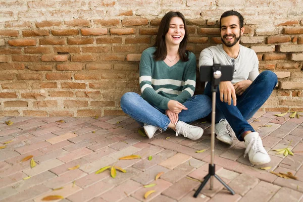 Excited Mixed Race Couple Laughing Making Joke While Recording Video — Stock Photo, Image