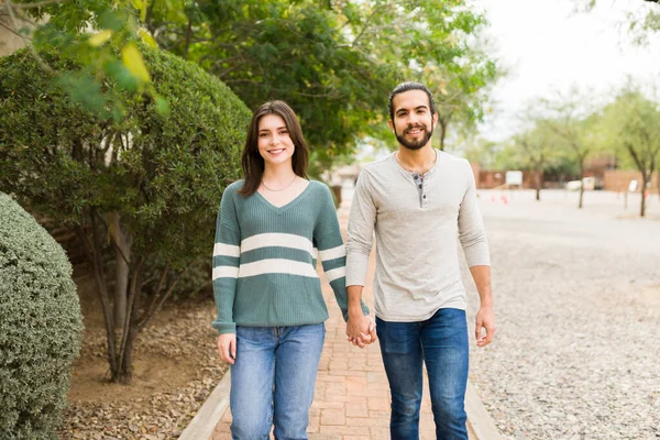 Beautiful Girlfriend Handsome Boyfriend Holding Hands Couple Love Dating Walking — Stock Photo, Image