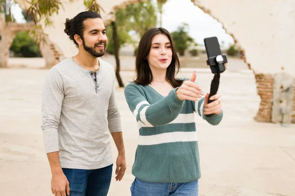 Social Media Influencers Doing Video Vlog Streaming Followers Smartphone Outdoors — Stock Photo, Image