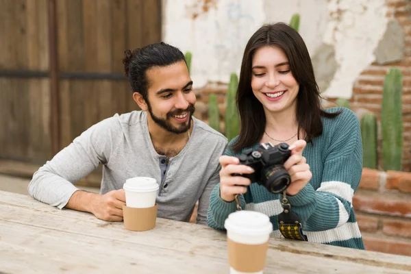 Excited Multiracial Couple Taking Photos Camera Smiling While Enjoying Coffee — Stock Photo, Image