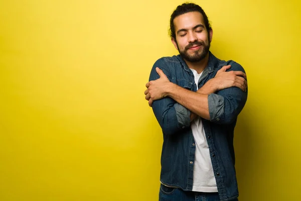 Self Love Handsome Young Man Smiling While Hugging Himself Feeling — Stock Photo, Image