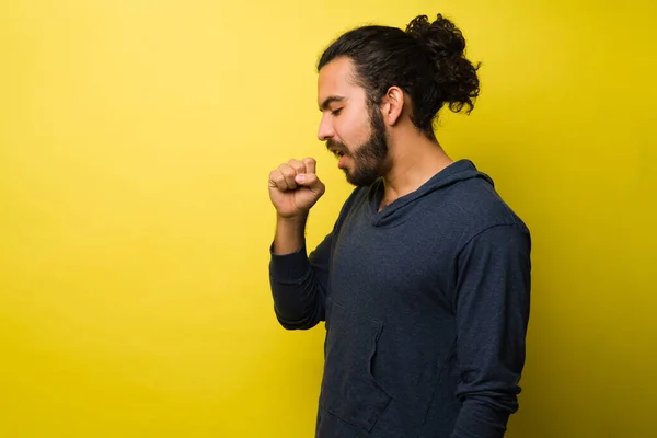 Ill Young Man Coughing Having Respiratory Problems Latin Man Feeling — Stock Photo, Image