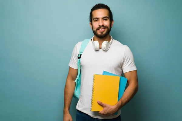 Ready School Attractive Latin Man Wearing Backpack While Carrying His — Stock Photo, Image