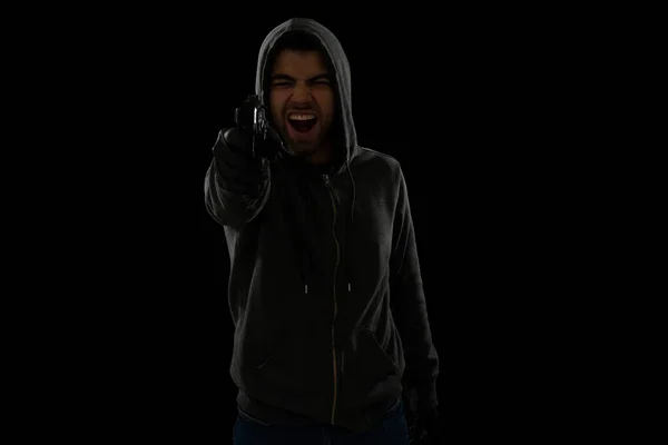 Ladrão Latino Violento Gritando Ameaçando Uma Pessoa Com Uma Arma — Fotografia de Stock