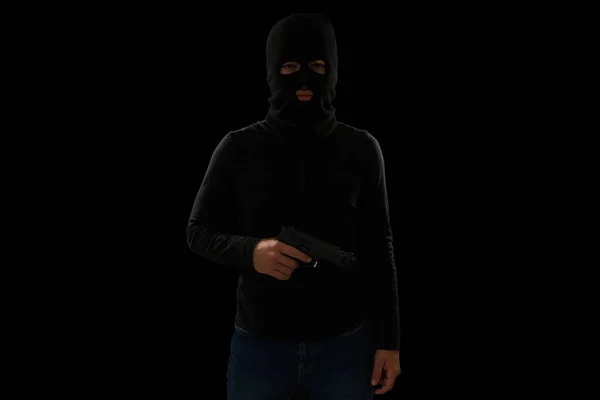 黒いマスクをした犯罪者の肖像及び強盗又は犯罪を犯した銃を携帯した犯罪者の肖像 — ストック写真