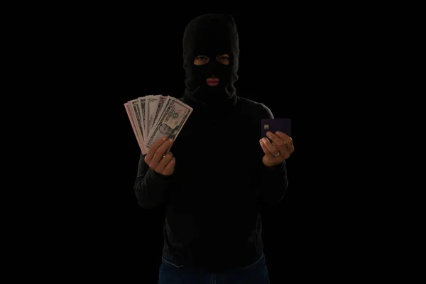 Retrato Criminal Con Una Máscara Negra Escondiendo Cara Robando Dinero —  Fotos de Stock