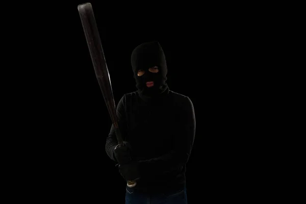 Provokation Eines Kampfes Maskierter Krimineller Mit Baseballschläger Als Waffe Und — Stockfoto