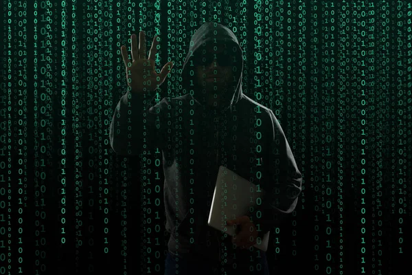 Binär Kod Skicklig Hacker Matrisen Håller Bärbar Dator Och Hacka — Stockfoto