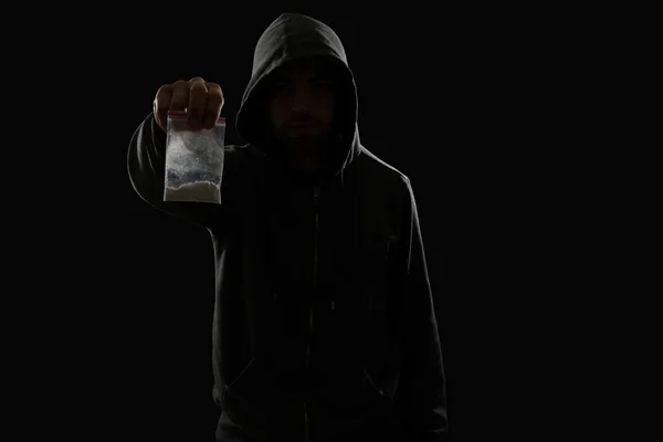 Portret Van Een Drugsdealer Die Nachts Cocaïne Harddrugs Straat Verkoopt — Stockfoto