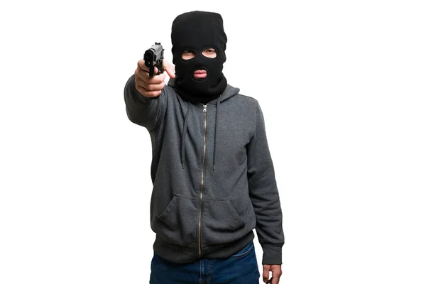 Todo Teu Dinheiro Ladrão Violento Perigoso Com Uma Máscara Preta — Fotografia de Stock