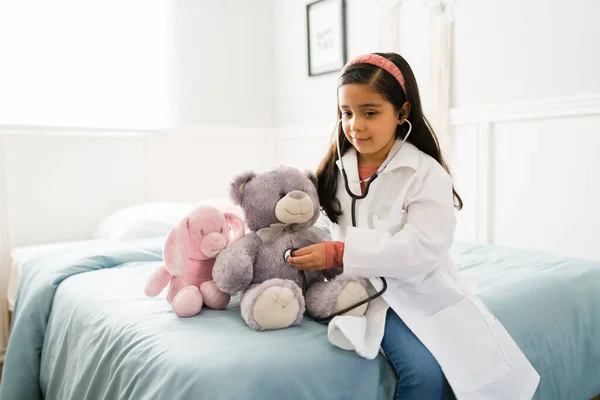 Cute Latin Elementary Girl White Lab Coat Stethoscope Playing Doctor — Stock Photo, Image