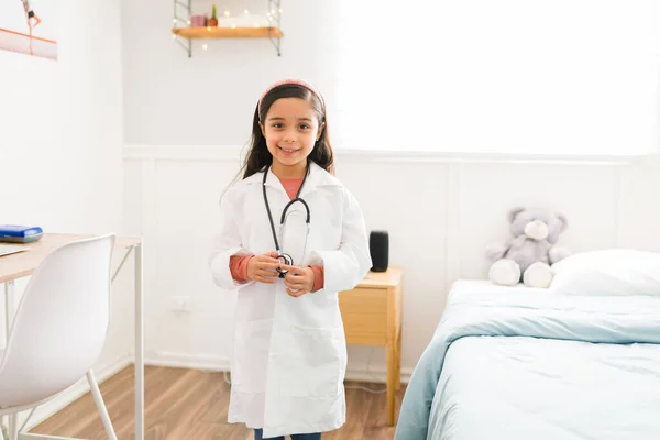 Want Become Doctor Grow Beautiful Little Girl Lab Coat Stethoscope — Stock Photo, Image