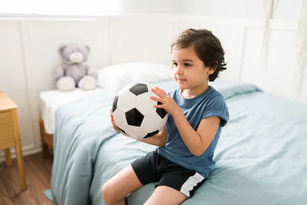 Ready Soccer Practice Happy Cute Kid His Team Uniform Sitting — Stock Photo, Image