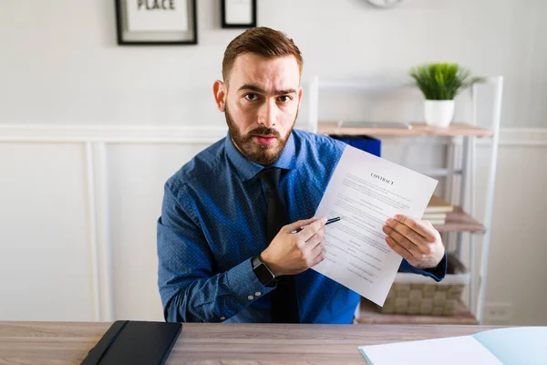 Sign Legal Contract Professional Attorney Holding New Business Contract While — Stock Photo, Image