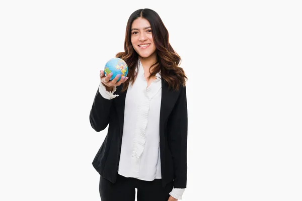 Attractive Happy Woman Working Lawyer World While Holding Globe White — Stock Photo, Image