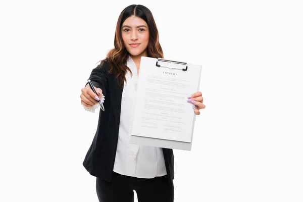 Sign Business Contract Gorgeous Hispanic Woman Asking Client Signature New — Stock Photo, Image