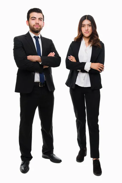 Full Length Businesswoman Lawyer Wearing Black Suits Sales Representantives Ready — Stock Photo, Image