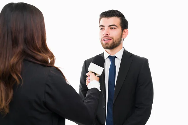 International News Handsome Hispanic Lawyer Giving News Interview Speaking Female — Stock Photo, Image