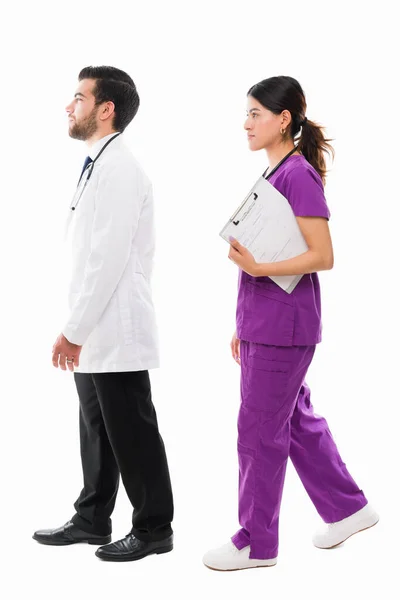 Side View Doctor Nurse Walking Together Hospital Full Length Medical — Stock Photo, Image