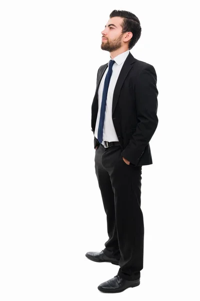 Thoughtful Lawyer Black Suit His Hands Pockets Thinking Business Deal — Stock Photo, Image