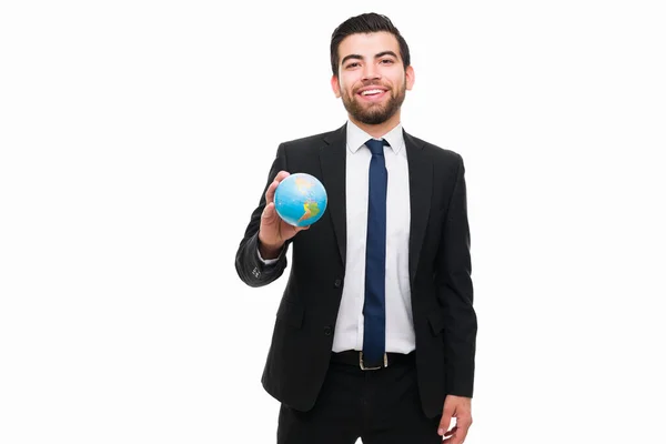 Attractive Happy Man Working Lawyer World While Holding Globe Front — Stock Photo, Image
