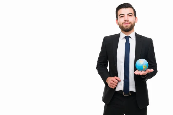 Professional Young Man Making International Business World While Holding Globe — Stock Photo, Image