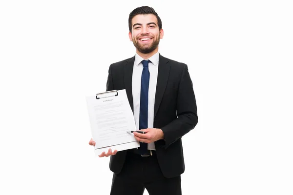 Cheerful Young Attorney Signing New Business Contract Feeling Happy Portrait — Stock Photo, Image