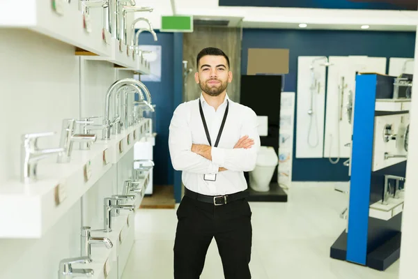 Schöner Verkäufer Bereit Einige Verkäufe Kunden Tätigen Porträt Eines Jungen — Stockfoto