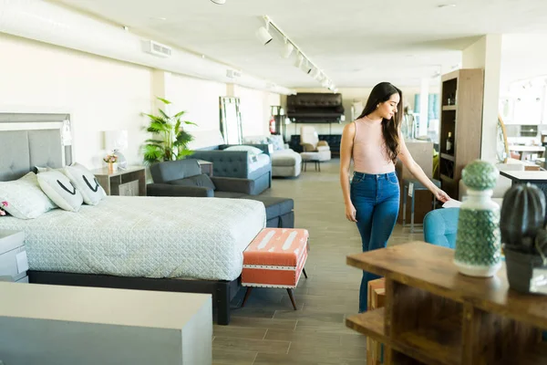 Gorgeous Young Woman Enjoying Trip Furniture Store Looking Sale Prices — Stock Photo, Image