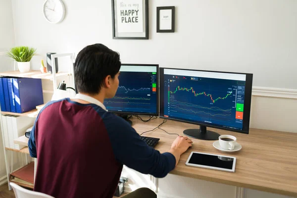 Young Man Seen Checking Stock Market Chart While Working Home — Stock Photo, Image
