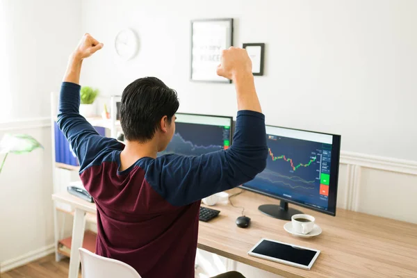 Happy Man Seen Celebrating Stock Market Rise Cheerful Young Man — Stock Photo, Image