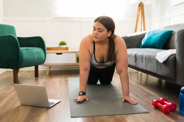 西班牙裔超重女性通过网上视频进行家庭锻炼 试图减肥 — 图库照片