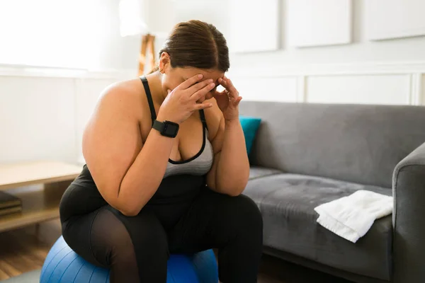 Odio Hacer Ejercicio Mujer Gorda Cansada Triste Sintiéndose Agotada Después — Foto de Stock