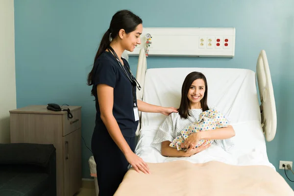 Portrait Hispanic Beautiful Mom Nurse Feeling Happy Her Newborn Baby — Stock Photo, Image