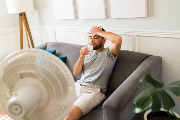 Sweaty Man Feeling Very Hot Because Heat Stroke Latin Man — Stok fotoğraf