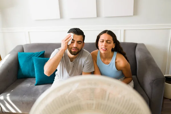 Exhausted Woman Man Sweating Feeling Very Hot Heat Wave Couple — Stockfoto