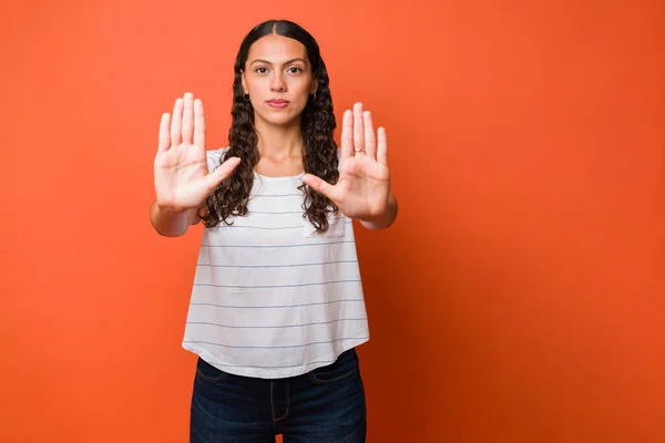 Angry Young Woman Making Stop Gesture Her Hands Feeling Upset — Fotografia de Stock