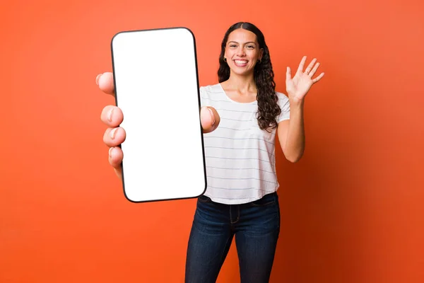 Beautiful Young Woman Promoting New Online App Her Phone Saying — Stock Photo, Image