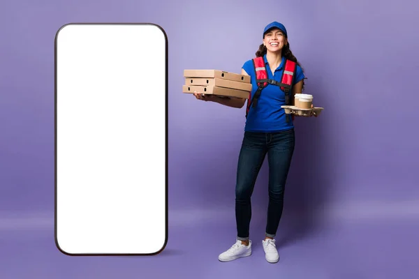 Super Happy Delivery Person Laughing While Carrying Pizza Coffee Customer — Fotografia de Stock