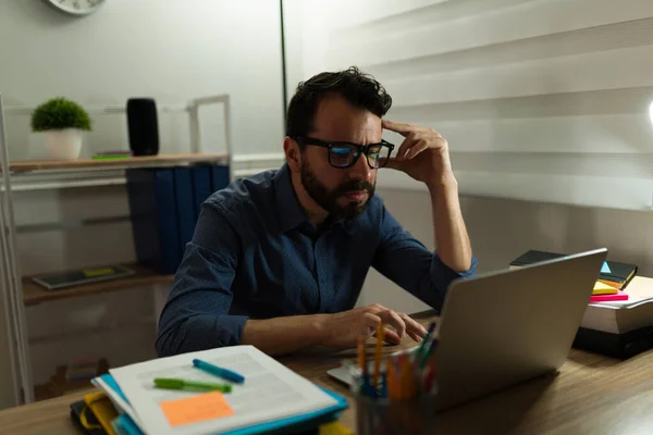 Tired Sad Man Reading Important Work Project Computer While Staying — Foto de Stock